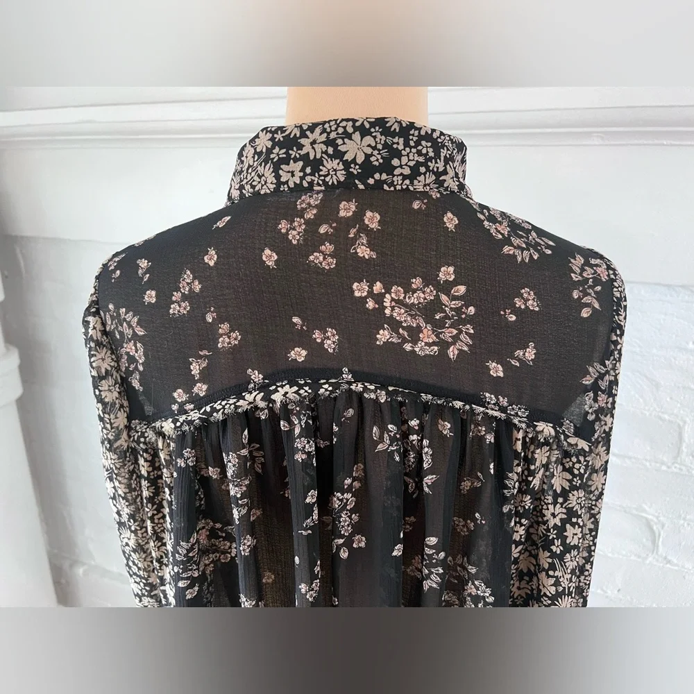 FreePeople Serena Black Floral Blouse Sheer Button Up Ditzy Cottage Witch Size M - Picture 9 of 16